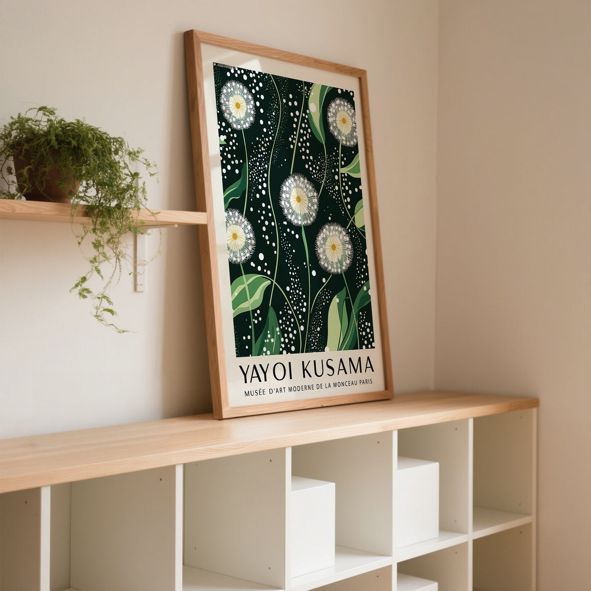 Modern dark green wall art inspired by Yayoi Kusama's organic designs