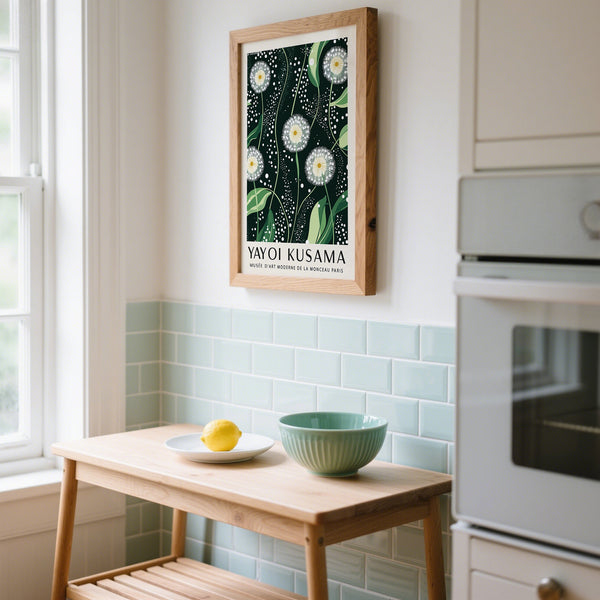 Abstract dandelion design in Kusama-style dark green wall art