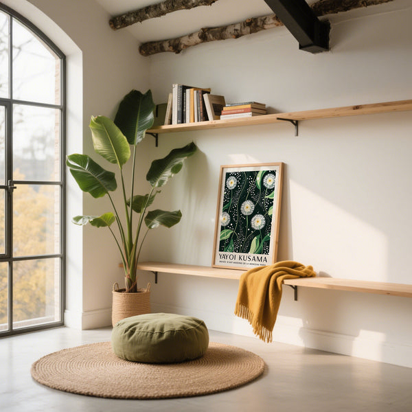 Modern dark green wall art inspired by Yayoi Kusama's organic designs