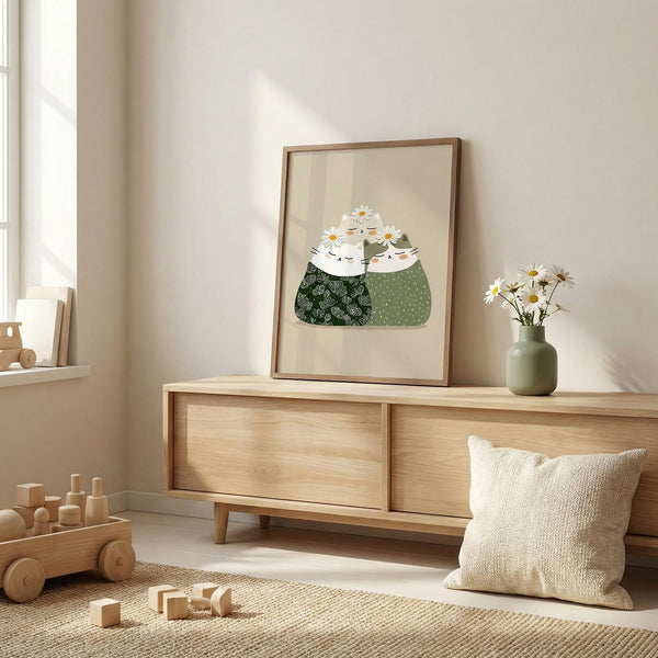Nursery room with wooden cabinet, framed artwork, and toys.