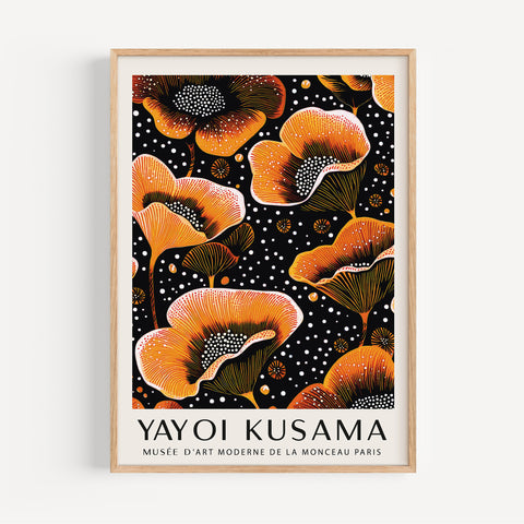 Yayoi Kusama-inspired orange floral wall art
