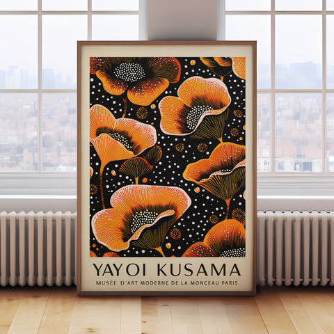 Yayoi Kusama-inspired orange floral wall art
