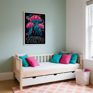 Wall Art for Kids Room of floating Pink and Blue Jellyfish above a day bed