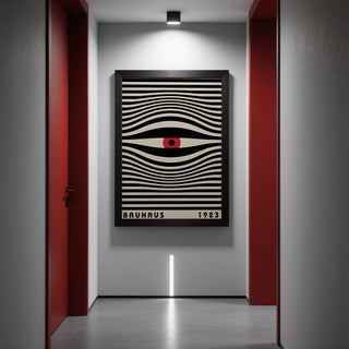 Eye-catching trippy wall art with circular movement hung in a design studio