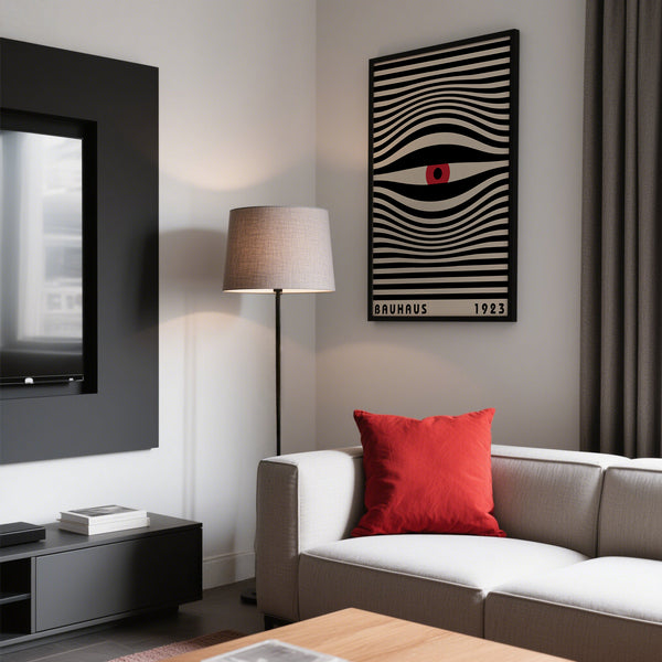 Hypnotic eye-themed trippy wall art styled in a minimalist living room