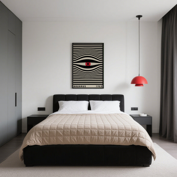 Bedroom Print of large trippy wall art of large eye in black and red