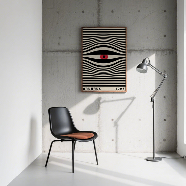 Abstract trippy wall art with swirling black lines and a red eye for a modern office