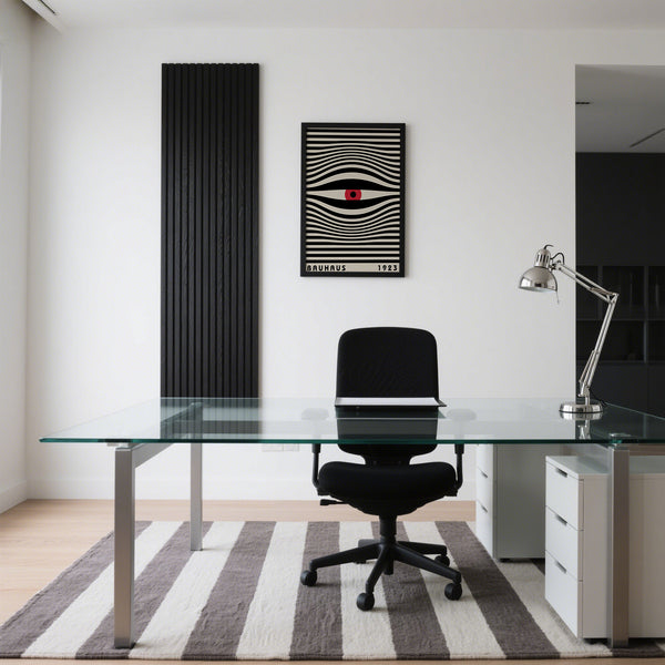 Geometric Bauhaus trippy wall art poster displayed in a creative workspace
