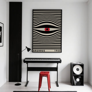 Striking abstract eye trippy wall art styled in a minimalist apartment