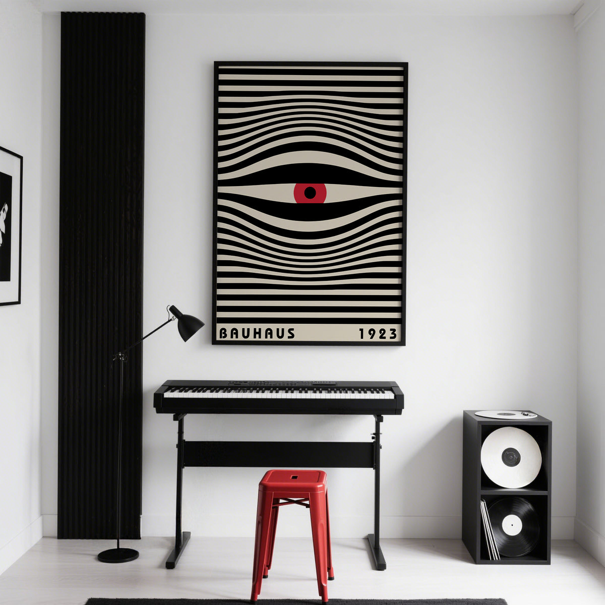 Striking abstract eye trippy wall art styled in a minimalist apartment