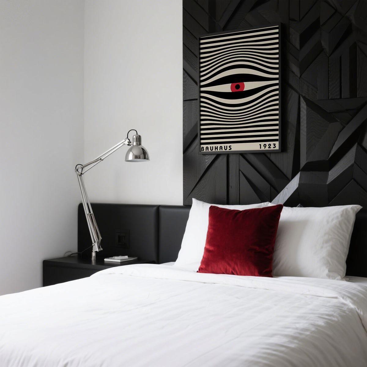 Above bed trendy wall art in red and black