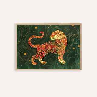 Framed print of a golden tiger illustration with red and gold shades on a dark green background