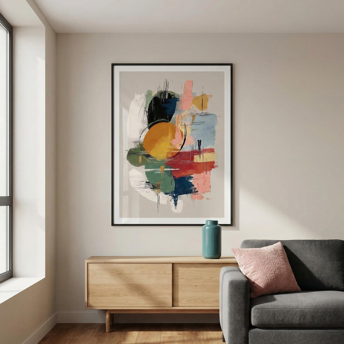 Modern living room with abstract art, wooden cabinet, and gray sofa.