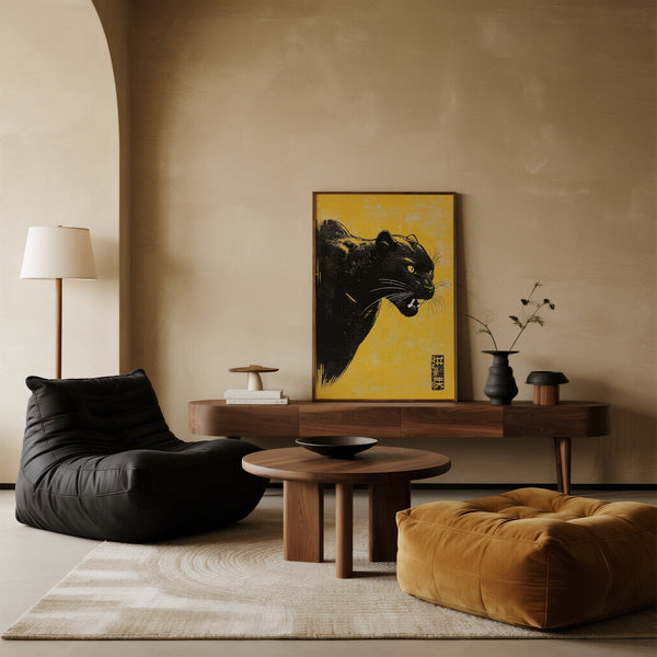 Modern living room with a black panther wall art on a yellow background, black bean bag chair, and brown ottoman.