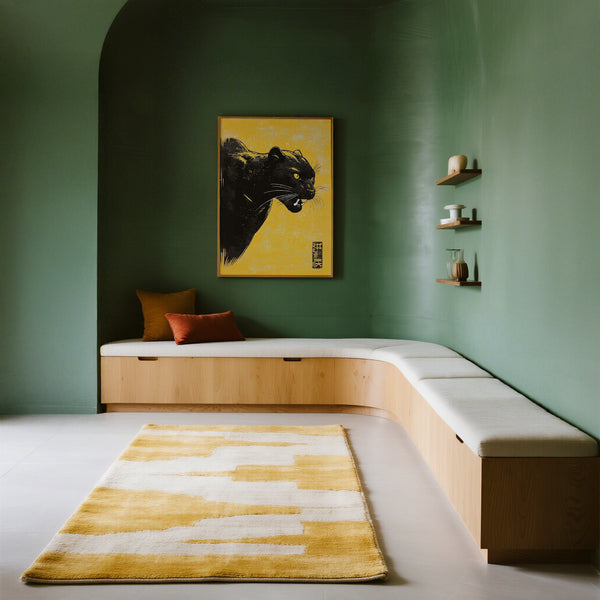 Modern interior with a green wall, wooden bench, and abstract painting of black panther.
