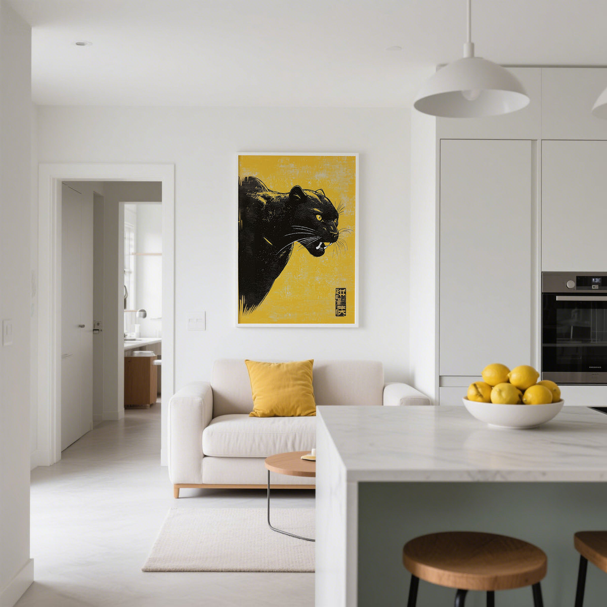 Modern kitchen and living room with a black panther wall.