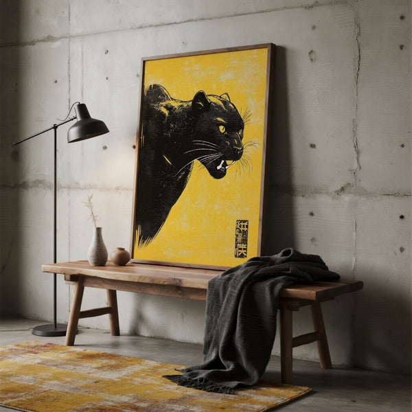 Black panther wall art on a yellow background in a room with a wooden bench and lamp.