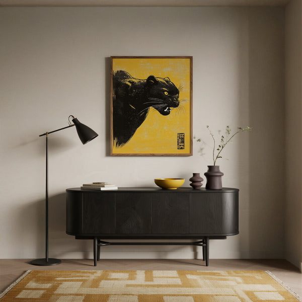 Modern interior with a black panther wall art on a yellow background, a black floor lamp, and a dark wooden console table.