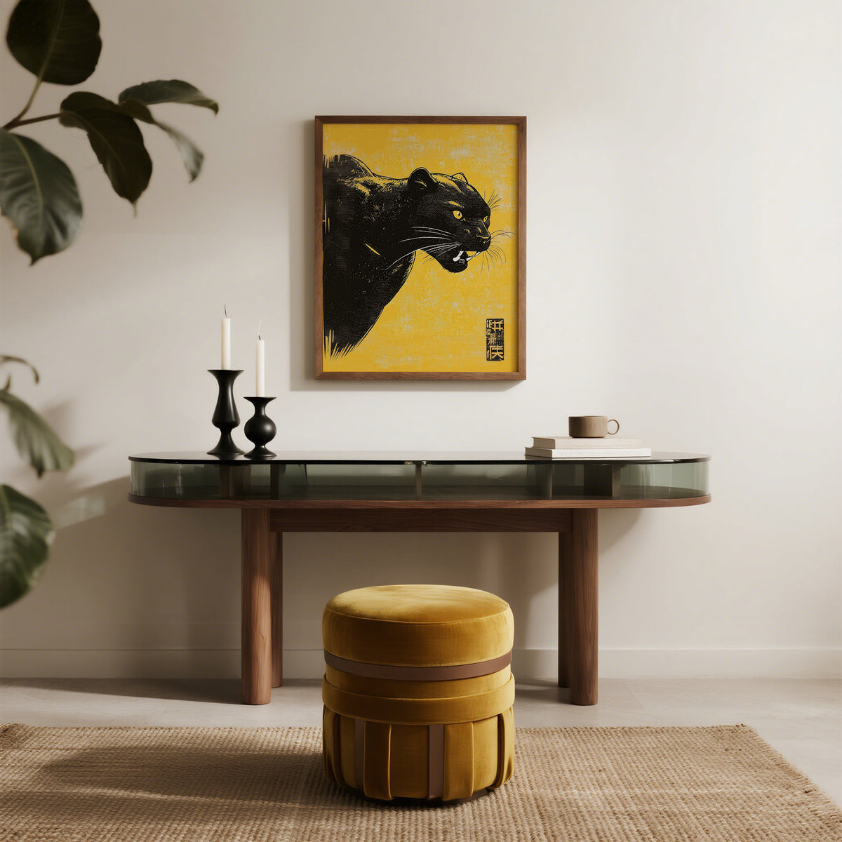 Dining room with a wooden table, yellow ottoman, and framed artwork of a panther.
