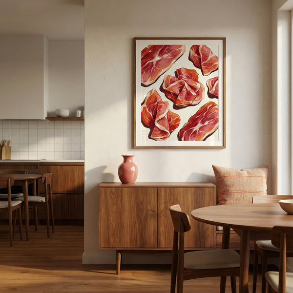 Dining room with a framed artwork of cured meats on the wall, wooden furniture, and a vase.