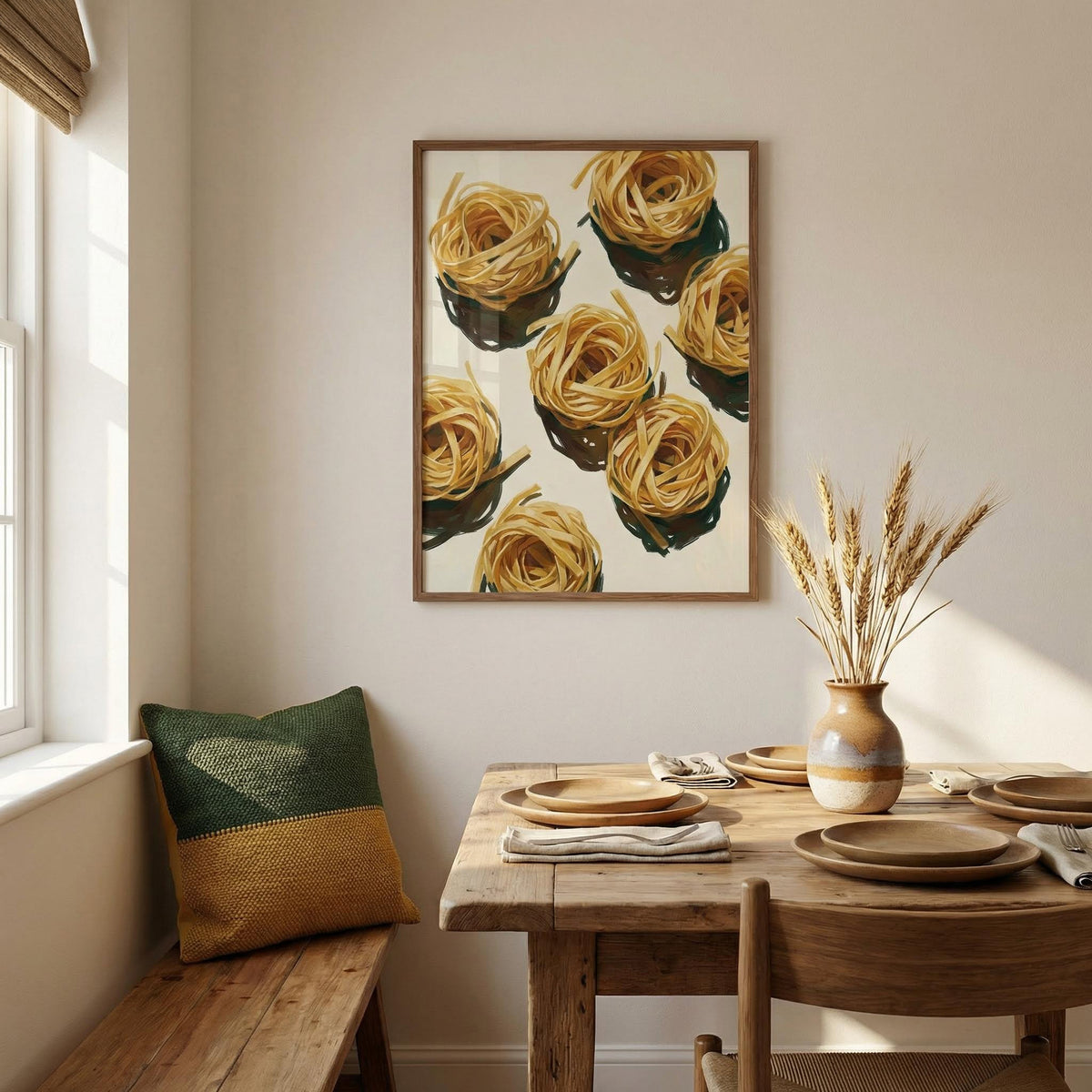 Dining room with wooden table, chairs, and a wall art piece of pasta.