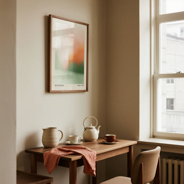 Small wooden table with teapot, cups, and a pink cloth next to a window with a framed abstract print on the wall.
