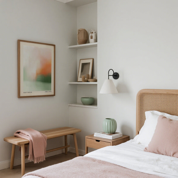 Neatly arranged bedroom with a bed, bench, and shelves.