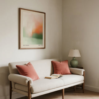 Cream and coral palette used in calming wall art with abstract texture.