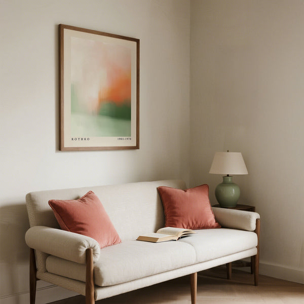 Cream and coral palette used in calming wall art with abstract texture.