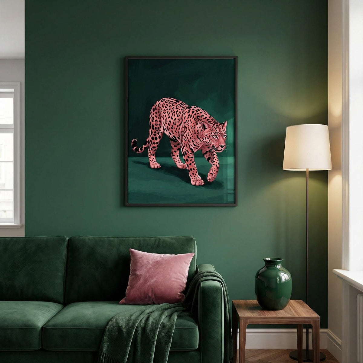 Living room with a green wall, green sofa, pink pillow, and framed artwork of a pink panther.