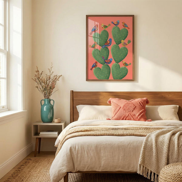 Bedroom with wooden bed, pink pillow, and framed artwork on wall