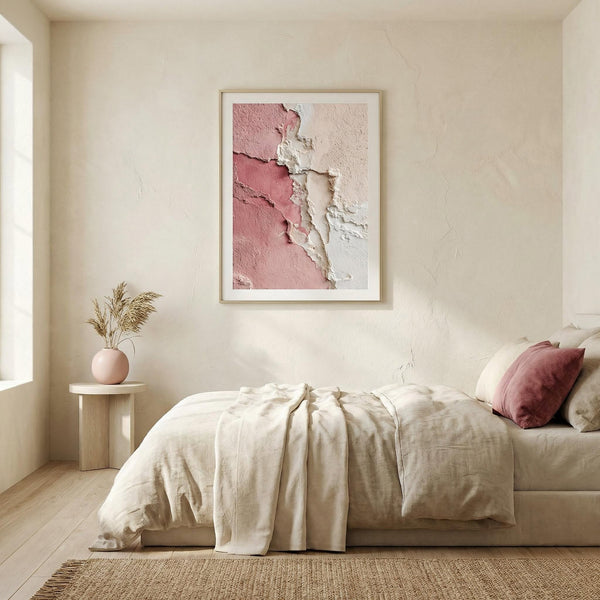 Neatly made bed in a bedroom with a pink abstract painting on the wall.