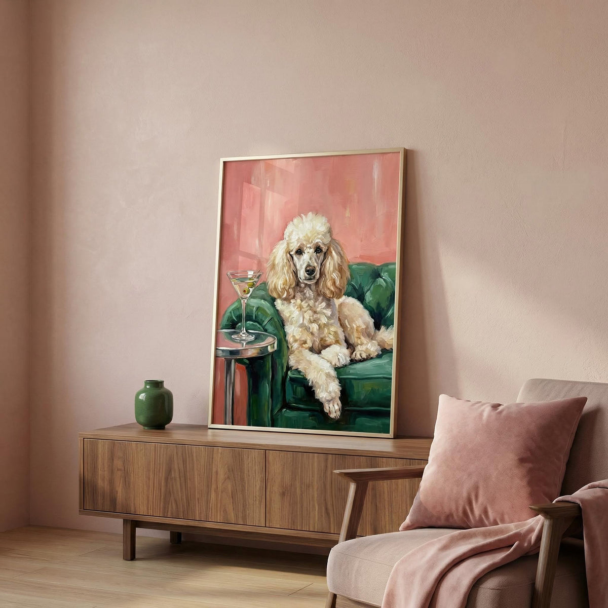 Framed painting of a poodle on a wall above a wooden cabinet with a vase and a chair.