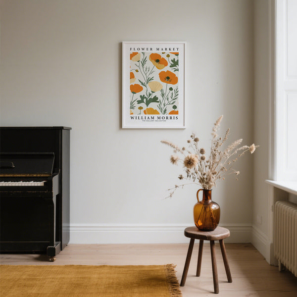 Bold orange wall art poppies print for classic decor themes