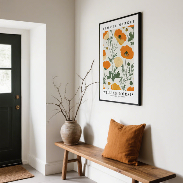 Sophisticated botanical wall art poppies in orange and green for contemporary homes