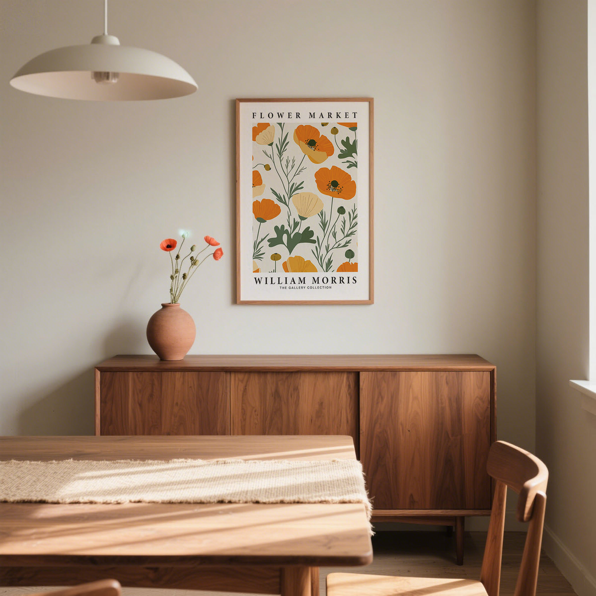 Orange floral wall art poppies print inspired by William Morris botanical art