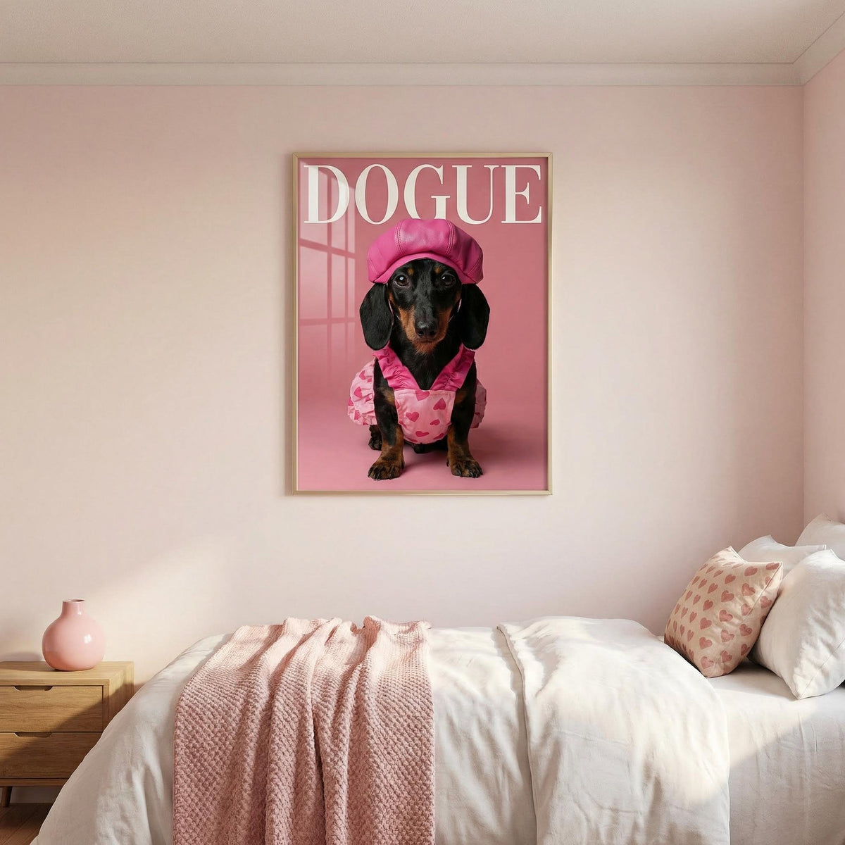 Poster of a dog in a pink outfit with 'DOGUE' text on a pink wall above a bed.