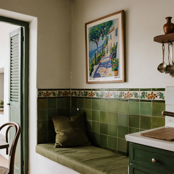 Painterly Ravello walkway with stone tiles and flower pots, featured in Prints of Amalfi Coast.