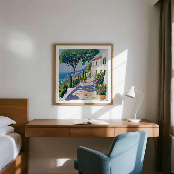 Coastal Italy print showing terrace view and blooms from Ravello.