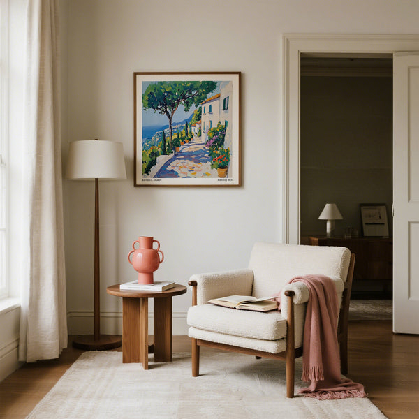 Living room with a chair, side table, and artwork on the wall.