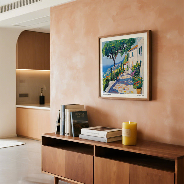 Prints of Amalfi Coast featuring sunlit stone path and Mediterranean greenery in Ravello.