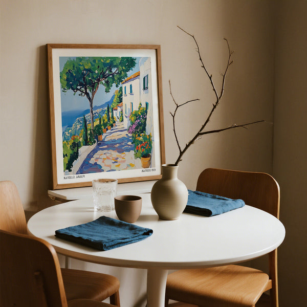 Prints of Amalfi Coast artwork with white homes and a tree-lined garden in Ravello.
