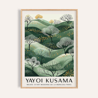Green and Gold wall art of stylised trees on rolling hills with gold dot details