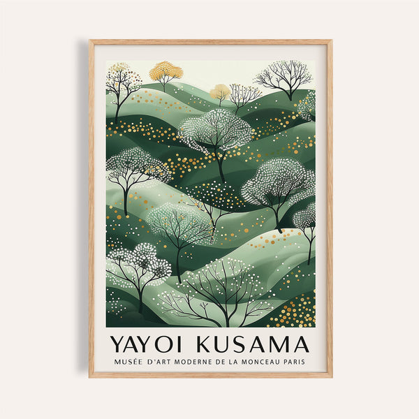 Green and gold wall art featuring rolling hills landscape