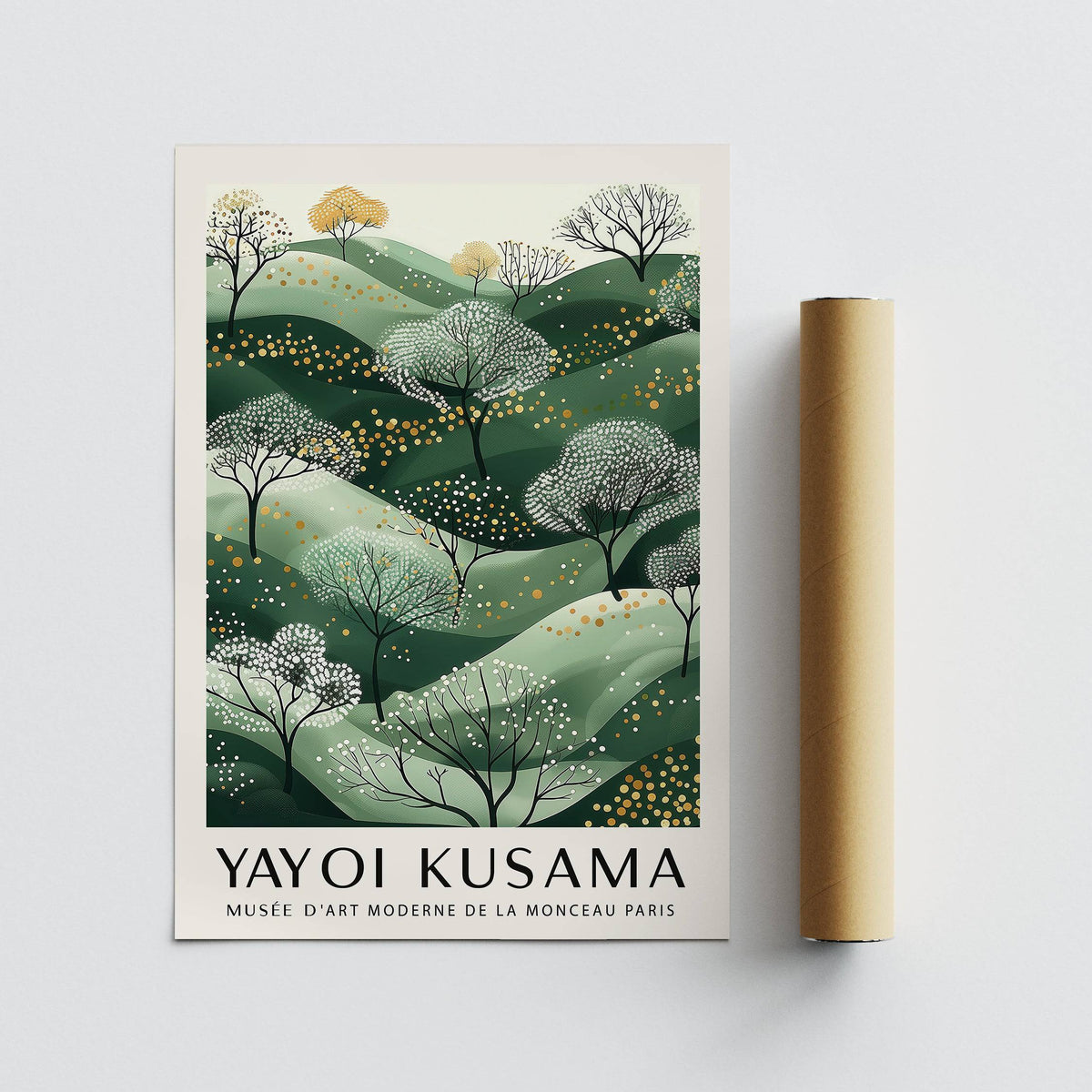 Japandi-style green and gold wall art with minimalist design