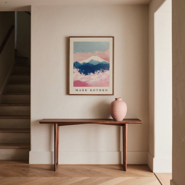 Mount Fuji Art in abstract design with blue, white and pink tones