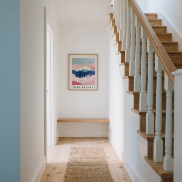 Serene Mount Fuji art featuring gradients of blue, white, and pink for modern decor