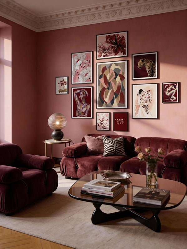 10-piece wall art set with abstract shapes and florals in red and beige tones.
