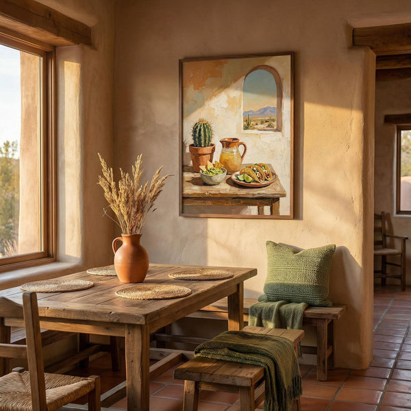 Dining room with wooden table, chairs, and a wall painting in a rustic setting.