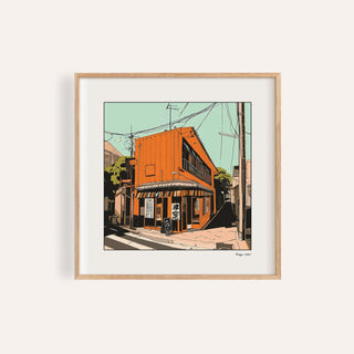 Framed print of Tokyo street orange building illustration with a teal sky